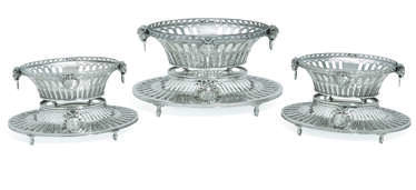 A SET OF THREE GEORGE III SILVER DESSERT BASKETS AND STANDS
