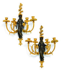 A PAIR OF LATE LOUIS XVI ORMOLU AND PATINATED-BRONZE FOUR-BRANCH WALL-LIGHTS