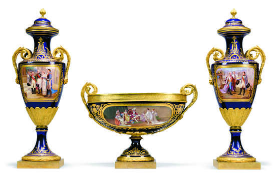 A FRENCH ORMOLU-MOUNTED SEVRES-STYLE BLUE-GROUND PORCELAIN NAPOLEONIC THREE-PIECE GARNITURE - фото 1