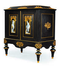 A NAPOLEON III ORMOLU-MOUNTED EBONY, TULIPWOOD AND PARQUETRY CABINET SERRE-BIJOUX