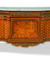 A FRENCH ORMOLU-MOUNTED MAHOGANY AND SYCAMORE MARQUETRY AND PARQUETRY COMMODE