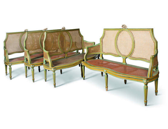 A SET OF FOUR ITALIAN CANED BLUE AND CREAM-PAINTED NEOCLASSICAL BENCHES - фото 1