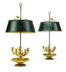 A PAIR OF LARGE EMPIRE ORMOLU AND TOLE-PEINT FIVE-LIGHT LAMPES BOUILLOTES