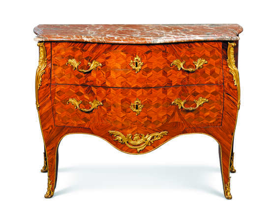 A LOUIS XV ORMOLU-MOUNTED AND BRASS-INLAID ROSEWOOD, KINGWOOD AND SYCAMORE PARQUETRY COMMODE - photo 1