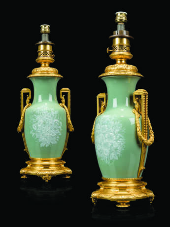 A PAIR OF FRENCH ORMOLU-MOUNTED CELADON-GROUND PATE-SUR-PATE PORCELAIN VASE LAMPS - фото 1