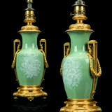 A PAIR OF FRENCH ORMOLU-MOUNTED CELADON-GROUND PATE-SUR-PATE PORCELAIN VASE LAMPS - photo 1