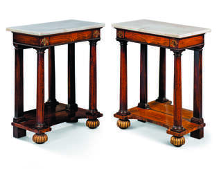 A PAIR OF WILLIAM IV BRASS-MOUNTED BRAZILIAN ROSEWOOD AND PARCEL-GILT SMALL CONSOLES