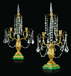 A PAIR OF FRENCH ORMOLU, CUT-GLASS, AND MALACHITE TWIN-LIGHT CANDELABRA
