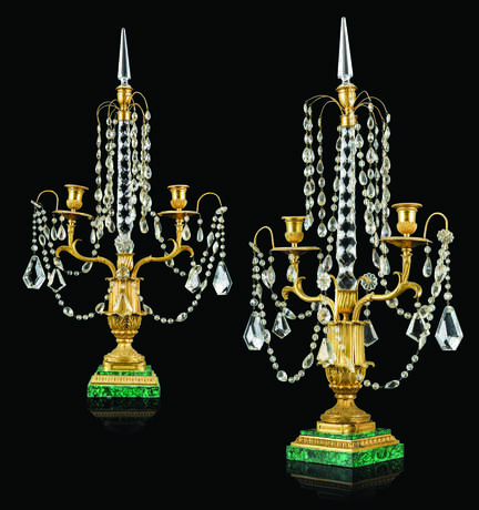 A PAIR OF FRENCH ORMOLU, CUT-GLASS, AND MALACHITE TWIN-LIGHT CANDELABRA - photo 1