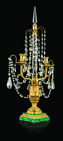 A PAIR OF FRENCH ORMOLU, CUT-GLASS, AND MALACHITE TWIN-LIGHT CANDELABRA - photo 3