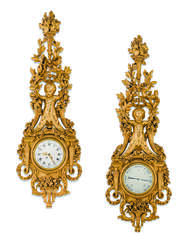 A LARGE FRENCH GILTWOOD CARTEL CLOCK AND COMPANION BAROMETER