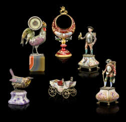 A GROUP OF SIX VIENNESE SEMI-PRECIOUS STONE-MOUNTED GILT AND ENAMELLED SILVER MINIATURE OBJECTS