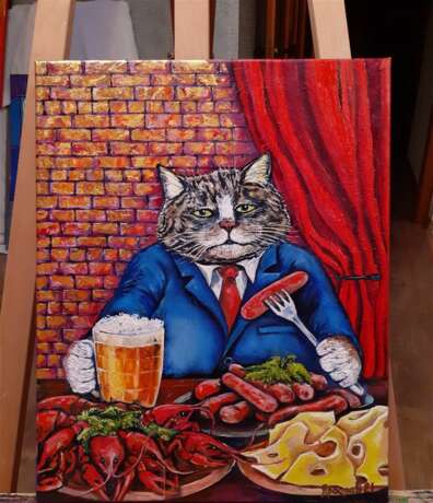 Cat and Beer Leinwand auf dem Hilfsrahmen Lack Fantasy Russland 2021 - Foto 7