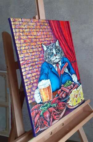 Cat and Beer Leinwand auf dem Hilfsrahmen Lack Fantasy Russland 2021 - Foto 8