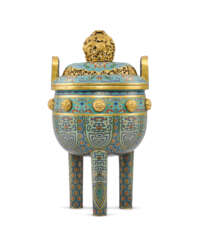 A SUPERB IMPERIAL CLOISONNE ENAMEL ARCHAISTIC TRIPOD CENSER WITH GILT BOSSES AND COVER