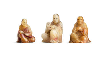 A GROUP OF THREE SHOUSHAN SOAPSTONE CARVINGS OF LUOHAN