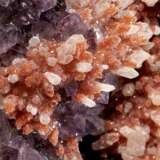 A LARGE SPECIMEN OF ORANGE QUARTZ CRYSTALS ON A BED OF CALCITE AND AMETHYST POINTS - photo 2