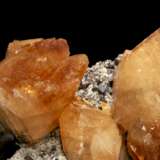 A CLUSTER OF LARGE ORANGE CALCITE CRYSTALS ON SPHALERITE - фото 3