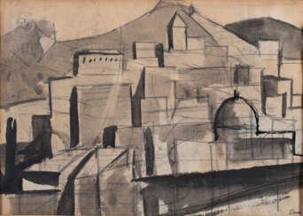 Mario Sironi (Sassari 1885 - Milano 1961): Paesaggio con montagne, case, torre e cupola 1924 circa