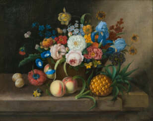 Натюрморт корзина с цветами, ананасами и персиками. Георг Беккер