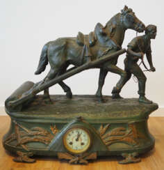 Edouard Drouot: Bronzeskulptur mit integrierter Uhr - Arbeiter und Pferd.