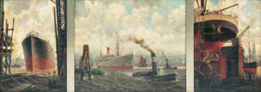Triptychon mit WerftbetriebDeutscher Marinemaler, tätig 1. Hälfte 20. Jahrhundert