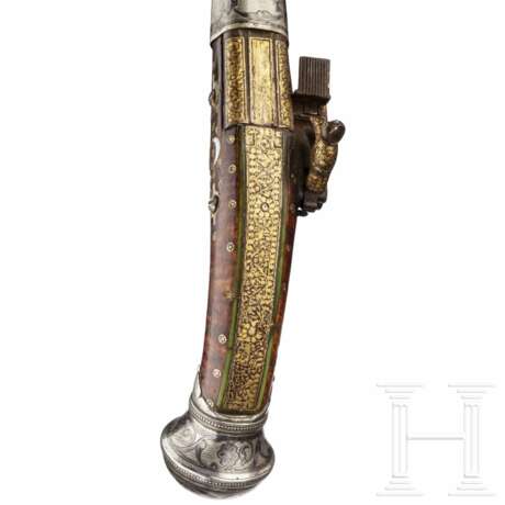 Doppelläufige kaukasische Miqueletpistole mit niellierter Silbermontierung, Mitte 19. Jahrhundert - Foto 6