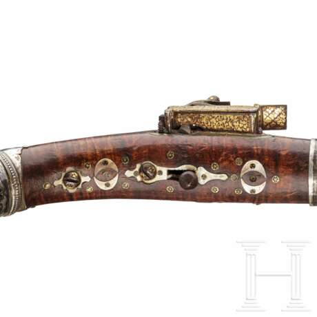 Doppelläufige kaukasische Miqueletpistole mit niellierter Silbermontierung, Mitte 19. Jahrhundert - Foto 7