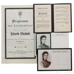 Kaiserin Elisabeth von Österreich - Sterbekärtchen, Programm zur Leichenfeier am 17. September 1898 sowie zwei Trauerpostkarten