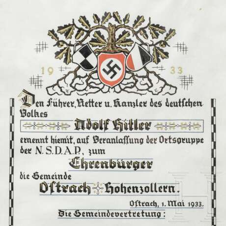 Adolf Hitler – Ehrenbürgerbrief der Gemeinde Ostrach (Hohenzollern) - photo 3