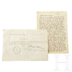 Albert Speer – Ausweisblatt für eine Reise zu Besprechungen am 06. Mai 1945 sowie Brief eines SS-Pioniers auf Unterführerlehrgang an Margarete Speer