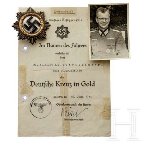 Hauptmann Fritz Gutwillinger – Deutsches Kreuz in Gold mit vorläufigem Besitzeugnis vom Juni 1944 - фото 1