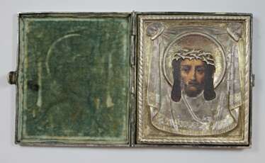 Das nicht von Menschenhand geschaffene Bild Christi Miniatur- Reiseikone mit Silberoklad