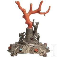 Silbermontierter Lebensbaum aus Koralle, deutsch, Mitte 19. Jahrhundert