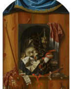 Франсискус Гейсбрехтс. Trompe-l'oeil of a Vanitas Still Life with Clock and Skull on a Shelf on a Wall, Next to it Painting Utensils