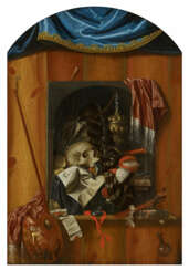 Trompe-l'oeil of a Vanitas Still Life with Clock and Skull on a Shelf on a Wall, Next to it Painting Utensils