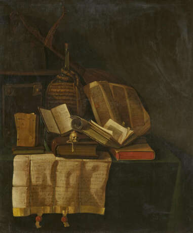Pseudo-Roestraten. Vanitas Still Life with Globe, Lute, a Wicker Bottle, Books and a Manuscript - Foto 1