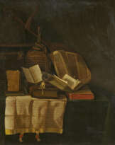 Vanitas Still Life with Globe, Lute, a Wicker Bottle, Books and a Manuscript