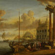 Ships at a Mediterranean Port City with the View of the Loggia delle Benedizioni in Rome - Auction archive