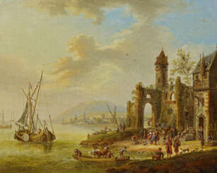 Ideal River Landscape with People by a Harbour
