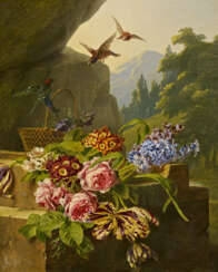 Still Life with Flowers and Songbirds before a Landscape Background