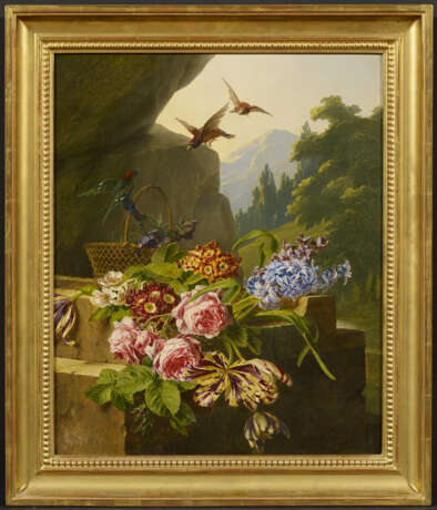 Jean Ulrich Tournier. Still Life with Flowers and Songbirds before a Landscape Background - Foto 2