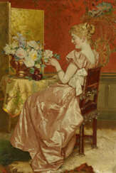 Young Lady in an Elegant Silk Dress with a Bouquet of Roses
