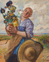 Young Dutch Woman with a Bouquet of Tulips in the Dunes
