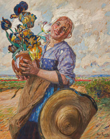 Hans von Bartels. Young Dutch Woman with a Bouquet of Tulips in the Dunes - фото 1