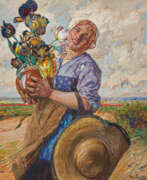 Ганс фон Бартельс. Young Dutch Woman with a Bouquet of Tulips in the Dunes