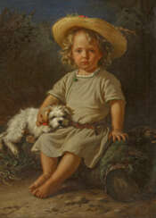 Portrait of a Boy with Summer Hat and Dog