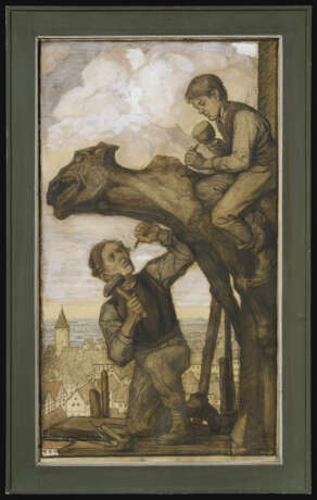 Matthäus Schiestl. Two Works: Stonemasons Working on Gargoyles on the Construction Site of a Gothic Cathedral - Foto 3