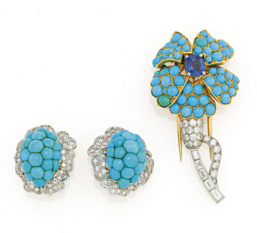 Turquoise-Diamond-Set: Brooch And Ear Clip-Ons - photo 1