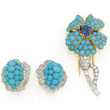Turquoise-Diamond-Set: Brooch And Ear Clip-Ons - photo 1
